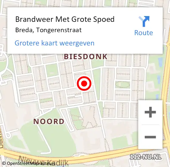 Locatie op kaart van de 112 melding: Brandweer Met Grote Spoed Naar Breda, Tongerenstraat op 29 januari 2020 11:53