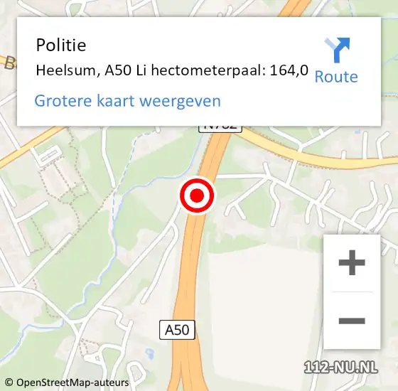 Locatie op kaart van de 112 melding: Politie Heelsum, A50 Li hectometerpaal: 164,0 op 30 januari 2020 17:47