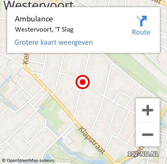 Locatie op kaart van de 112 melding: Ambulance Westervoort, 'T Slag op 5 februari 2020 08:41
