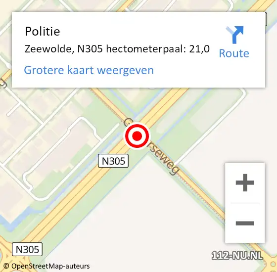 Locatie op kaart van de 112 melding: Politie Zeewolde, N305 hectometerpaal: 36,8 op 7 februari 2020 16:08