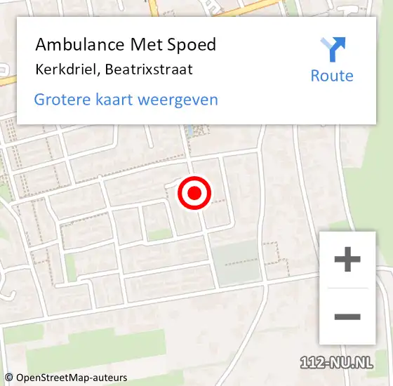 Locatie op kaart van de 112 melding: Ambulance Met Spoed Naar Kerkdriel, Beatrixstraat op 9 februari 2020 13:49