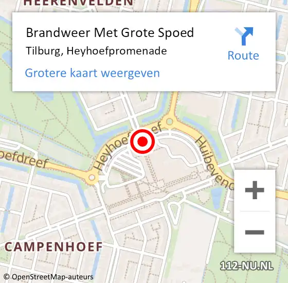 Locatie op kaart van de 112 melding: Brandweer Met Grote Spoed Naar Tilburg, Heyhoefpromenade op 9 februari 2020 19:48
