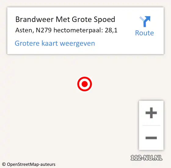 Locatie op kaart van de 112 melding: Brandweer Met Grote Spoed Naar Asten, N279 hectometerpaal: 28,1 op 10 februari 2020 07:23