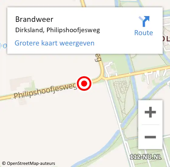 Locatie op kaart van de 112 melding: Brandweer Dirksland, Philipshoofjesweg op 10 februari 2020 13:54