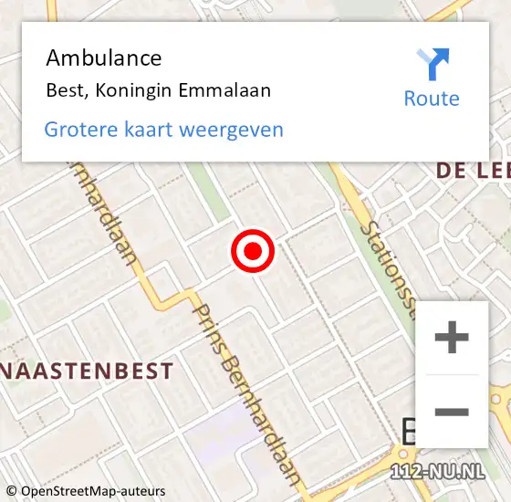 Locatie op kaart van de 112 melding: Ambulance Best, Koningin Emmalaan op 10 februari 2020 15:12