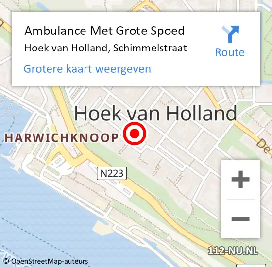 Locatie op kaart van de 112 melding: Ambulance Met Grote Spoed Naar Hoek van Holland, Schimmelstraat op 10 februari 2020 22:29