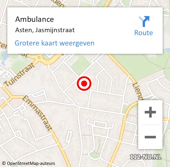 Locatie op kaart van de 112 melding: Ambulance Asten, Jasmijnstraat op 11 februari 2020 14:14