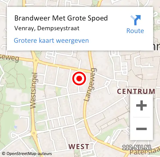 Locatie op kaart van de 112 melding: Brandweer Met Grote Spoed Naar Venray, Dempseystraat op 13 februari 2020 10:47