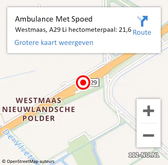 Locatie op kaart van de 112 melding: Ambulance Met Spoed Naar Westmaas, A29 Li hectometerpaal: 21,6 op 13 februari 2020 11:42