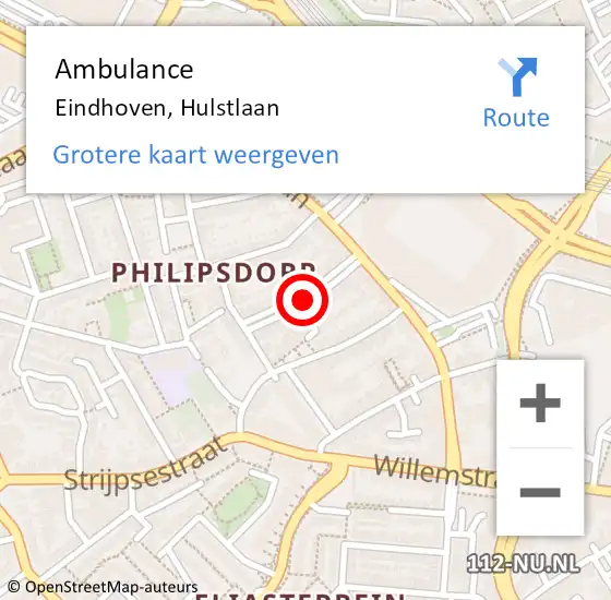 Locatie op kaart van de 112 melding: Ambulance Eindhoven, Hulstlaan op 13 februari 2020 15:09