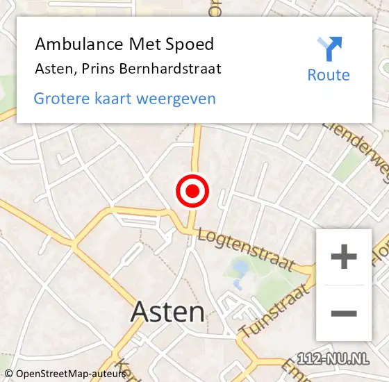 Locatie op kaart van de 112 melding: Ambulance Met Spoed Naar Asten, Prins Bernhardstraat op 13 februari 2020 16:48