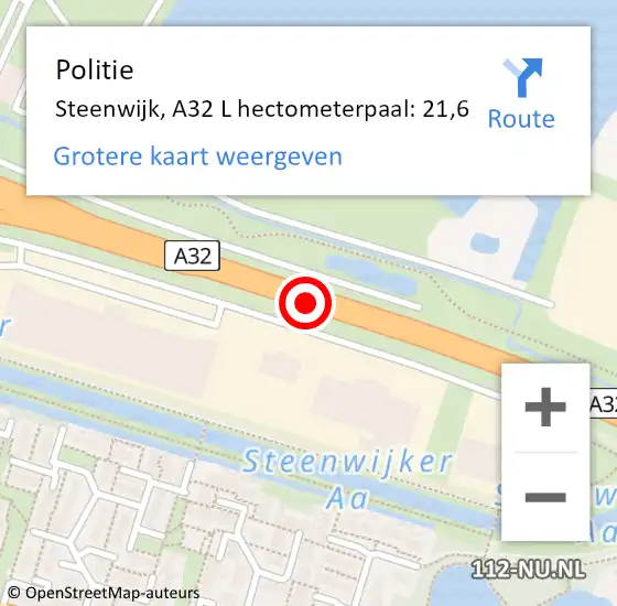 Locatie op kaart van de 112 melding: Politie Steenwijk, A32 L hectometerpaal: 21,6 op 28 april 2014 16:08