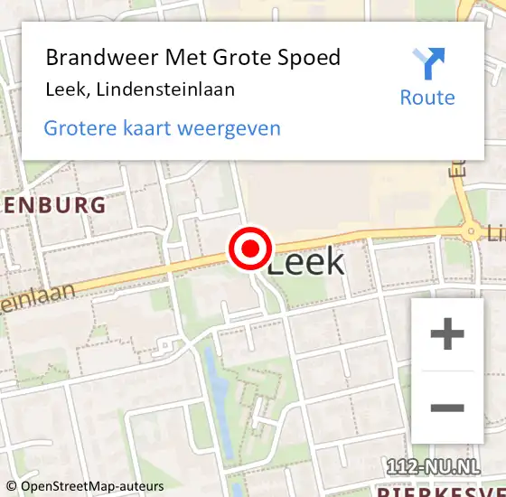 Locatie op kaart van de 112 melding: Brandweer Met Grote Spoed Naar Leek, Lindensteinlaan op 16 februari 2020 14:55