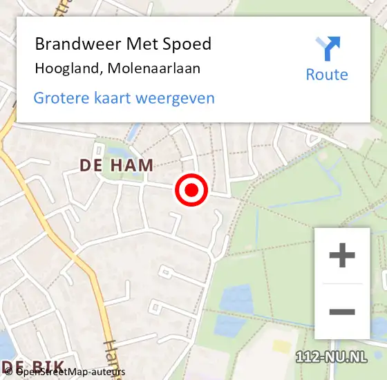 Locatie op kaart van de 112 melding: Brandweer Met Spoed Naar Hoogland, Molenaarlaan op 16 februari 2020 16:15