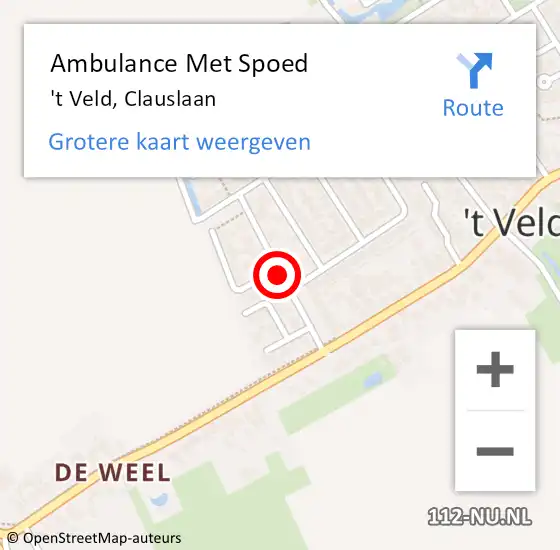 Locatie op kaart van de 112 melding: Ambulance Met Spoed Naar 't Veld, Clauslaan op 17 februari 2020 20:26