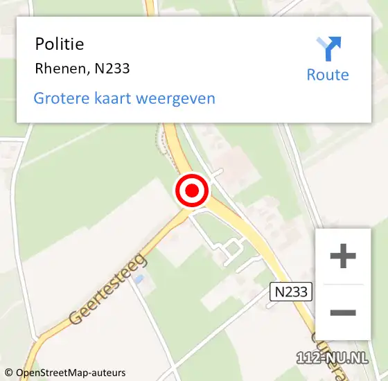 Locatie op kaart van de 112 melding: Politie Rhenen, N233 op 18 februari 2020 09:25