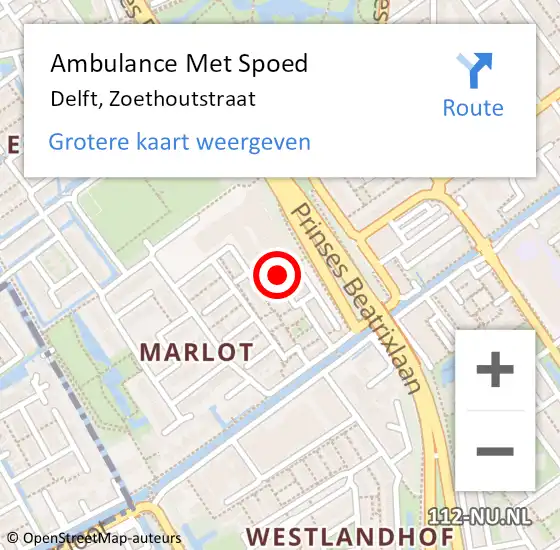 Locatie op kaart van de 112 melding: Ambulance Met Spoed Naar Delft, Zoethoutstraat op 19 februari 2020 11:09