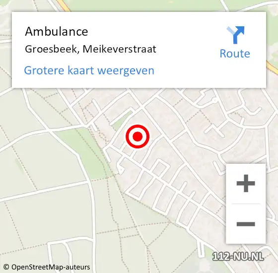 Locatie op kaart van de 112 melding: Ambulance Groesbeek, Meikeverstraat op 19 februari 2020 15:52