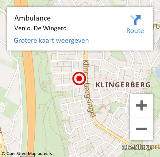 Locatie op kaart van de 112 melding: Ambulance Venlo, De Wingerd op 20 februari 2020 12:24