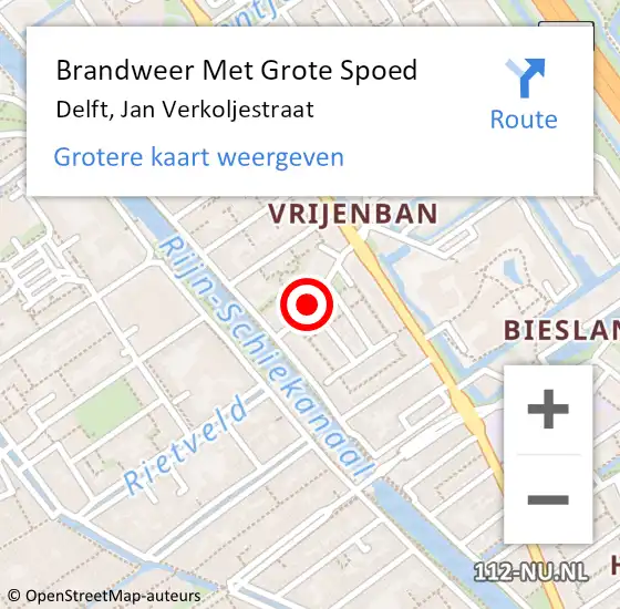 Locatie op kaart van de 112 melding: Brandweer Met Grote Spoed Naar Delft, Jan Verkoljestraat op 21 februari 2020 12:59