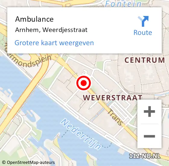 Locatie op kaart van de 112 melding: Ambulance Arnhem, Weerdjesstraat op 21 februari 2020 14:30