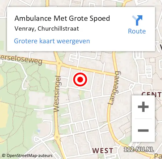 Locatie op kaart van de 112 melding: Ambulance Met Grote Spoed Naar Venray, Churchillstraat op 22 februari 2020 13:24