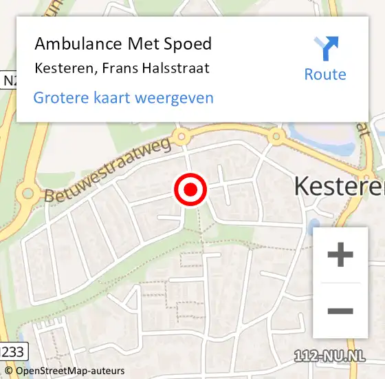 Locatie op kaart van de 112 melding: Ambulance Met Spoed Naar Kesteren, Frans Halsstraat op 22 februari 2020 15:20