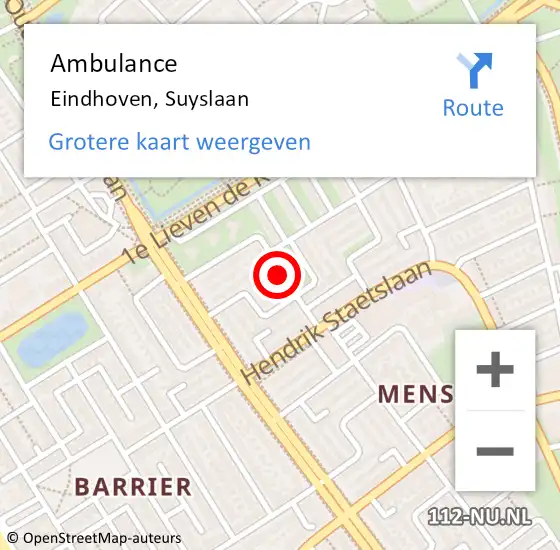 Locatie op kaart van de 112 melding: Ambulance Eindhoven, Suyslaan op 22 februari 2020 19:31