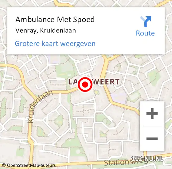 Locatie op kaart van de 112 melding: Ambulance Met Spoed Naar Venray, Kruidenlaan op 23 februari 2020 14:29