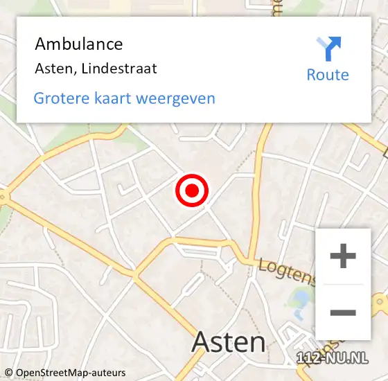 Locatie op kaart van de 112 melding: Ambulance Asten, Lindestraat op 24 februari 2020 10:20