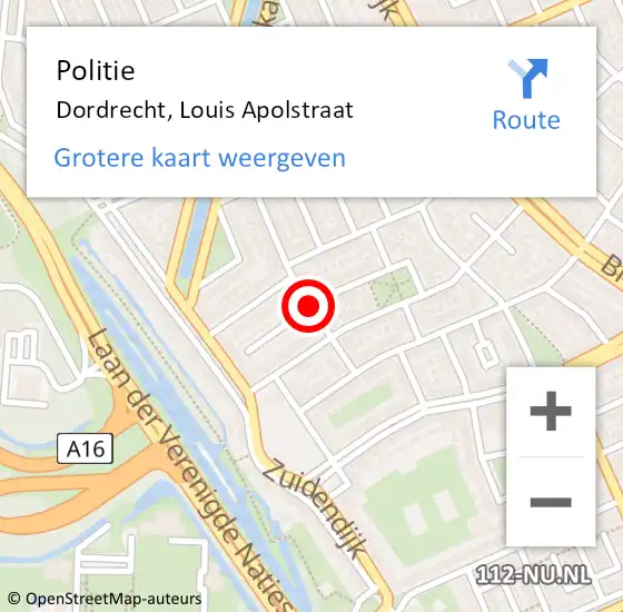 Locatie op kaart van de 112 melding: Politie Dordrecht, Louis Apolstraat op 26 februari 2020 10:16