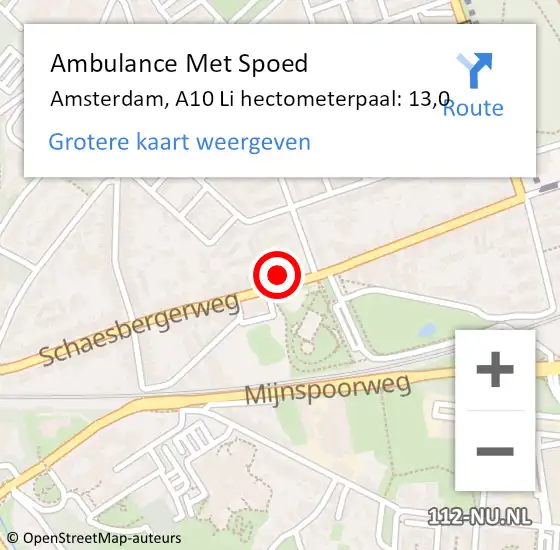 Locatie op kaart van de 112 melding: Ambulance Met Spoed Naar Amsterdam, A10 Li hectometerpaal: 13,0 op 26 februari 2020 11:43