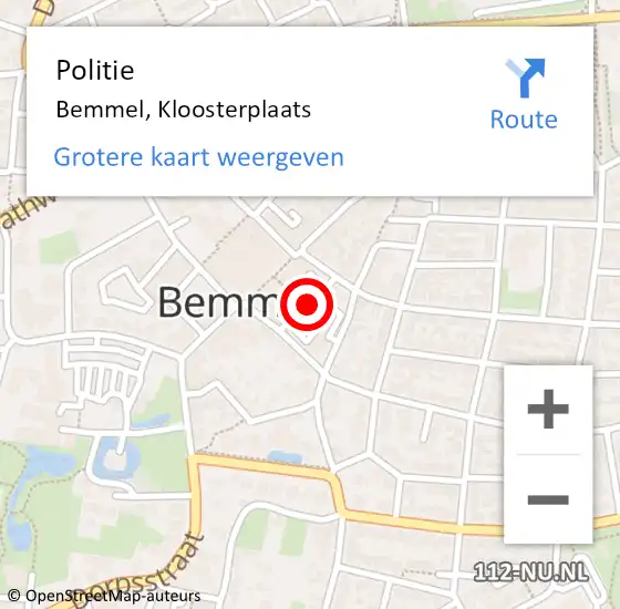 Locatie op kaart van de 112 melding: Politie Bemmel, Kloosterplaats op 26 februari 2020 16:41