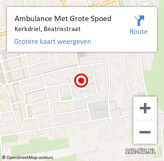Locatie op kaart van de 112 melding: Ambulance Met Grote Spoed Naar Kerkdriel, Beatrixstraat op 27 februari 2020 11:57