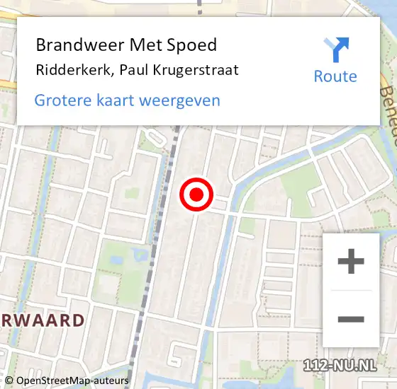 Locatie op kaart van de 112 melding: Brandweer Met Spoed Naar Ridderkerk, Paul Krugerstraat op 27 februari 2020 12:19
