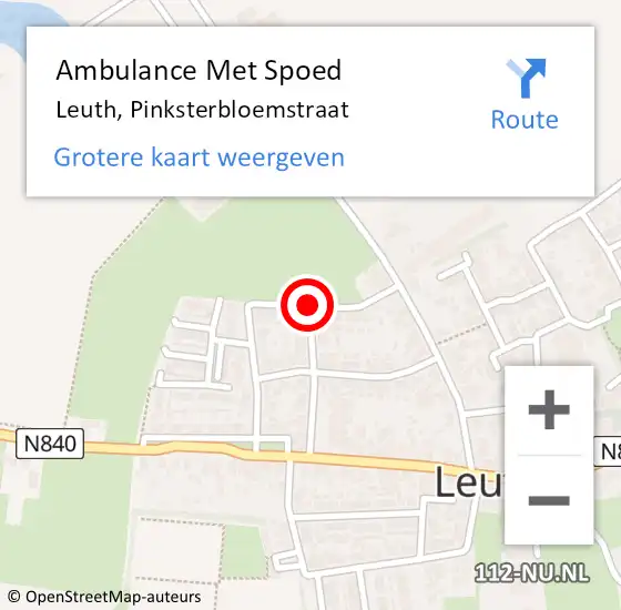 Locatie op kaart van de 112 melding: Ambulance Met Spoed Naar Leuth, Pinksterbloemstraat op 28 februari 2020 15:28