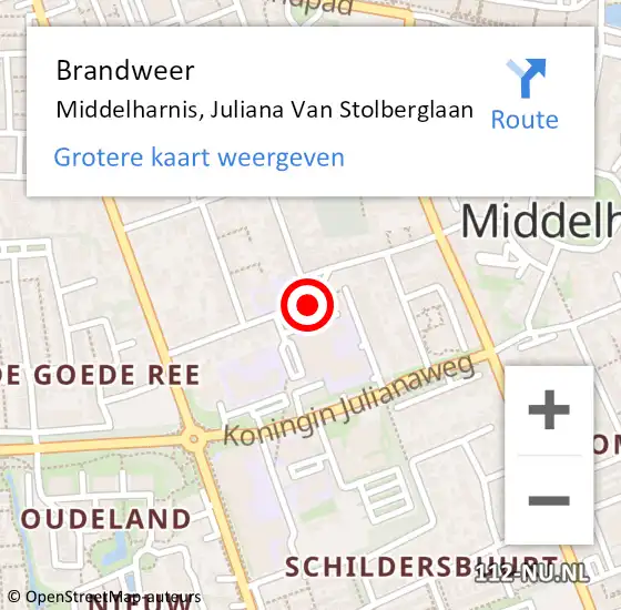 Locatie op kaart van de 112 melding: Brandweer Middelharnis, Juliana Van Stolberglaan op 2 maart 2020 10:19