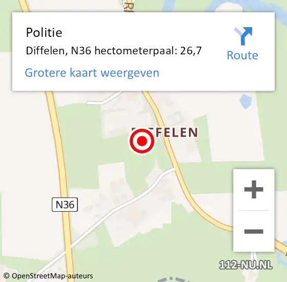 Locatie op kaart van de 112 melding: Politie Diffelen, N36 hectometerpaal: 26,7 op 4 maart 2020 13:01