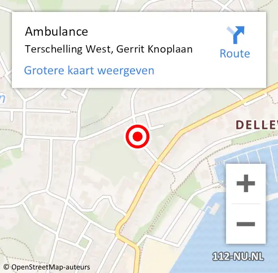 Locatie op kaart van de 112 melding: Ambulance Terschelling West, Gerrit Knoplaan op 5 maart 2020 17:28