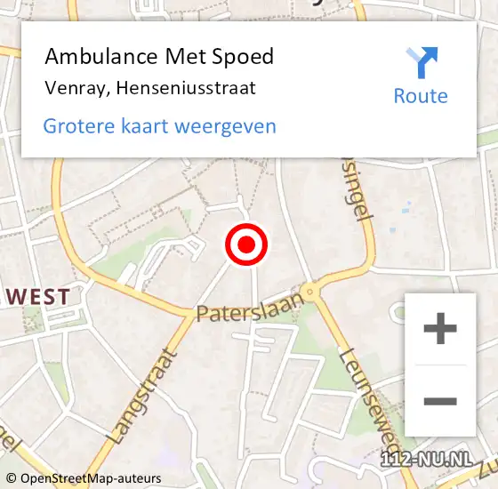 Locatie op kaart van de 112 melding: Ambulance Met Spoed Naar Venray, Henseniusstraat op 6 maart 2020 16:20