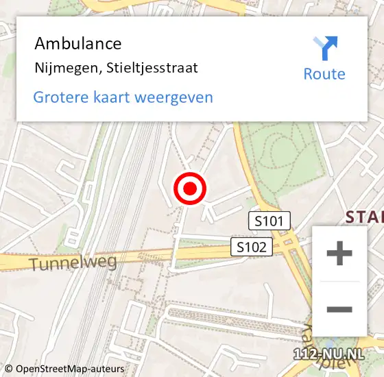 Locatie op kaart van de 112 melding: Ambulance Nijmegen, Stieltjesstraat op 10 maart 2020 18:12