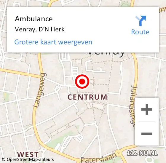 Locatie op kaart van de 112 melding: Ambulance Venray, D'N Herk op 12 maart 2020 09:03