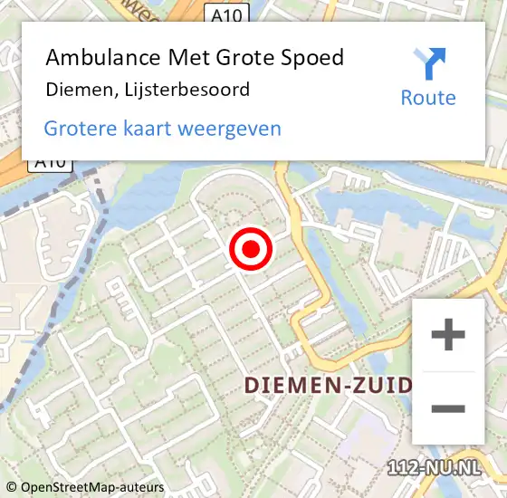 Locatie op kaart van de 112 melding: Ambulance Met Grote Spoed Naar Diemen, Lijsterbesoord op 15 maart 2020 01:02