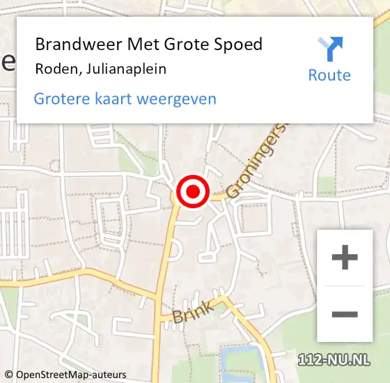 Locatie op kaart van de 112 melding: Brandweer Met Grote Spoed Naar Roden, Julianaplein op 15 maart 2020 06:00