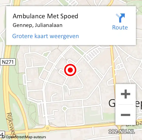 Locatie op kaart van de 112 melding: Ambulance Met Spoed Naar Gennep, Julianalaan op 15 maart 2020 10:53