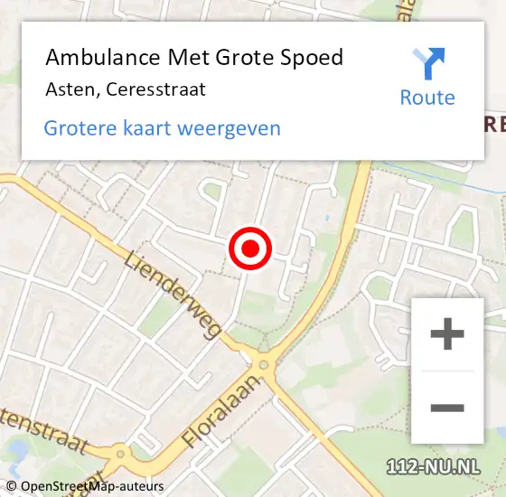 Locatie op kaart van de 112 melding: Ambulance Met Grote Spoed Naar Asten, Ceresstraat op 15 maart 2020 11:28