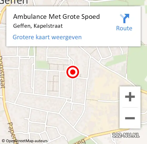 Locatie op kaart van de 112 melding: Ambulance Met Grote Spoed Naar Geffen, Kapelstraat op 16 maart 2020 18:09