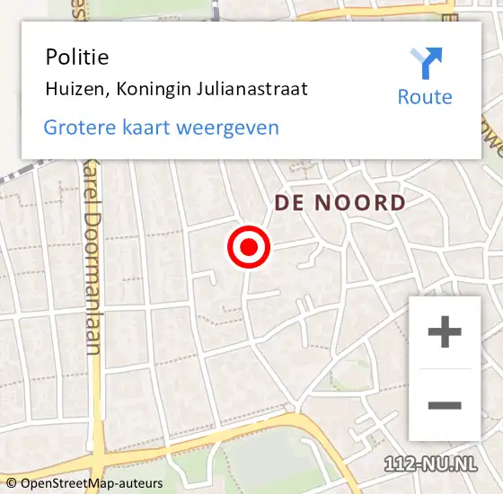 Locatie op kaart van de 112 melding: Politie Huizen, Koningin Julianastraat op 18 maart 2020 13:58