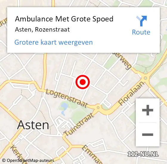 Locatie op kaart van de 112 melding: Ambulance Met Grote Spoed Naar Asten, Rozenstraat op 25 maart 2020 06:49