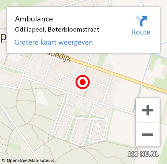 Locatie op kaart van de 112 melding: Ambulance Odiliapeel, Boterbloemstraat op 25 maart 2020 19:55